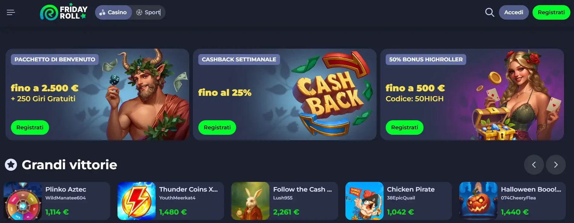 Fridayroll Casino interfaccia e bonus di benvenuto