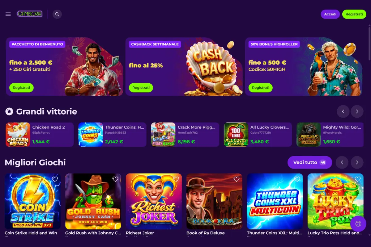 Gambloria Casino interfaccia e bonus di benvenuto