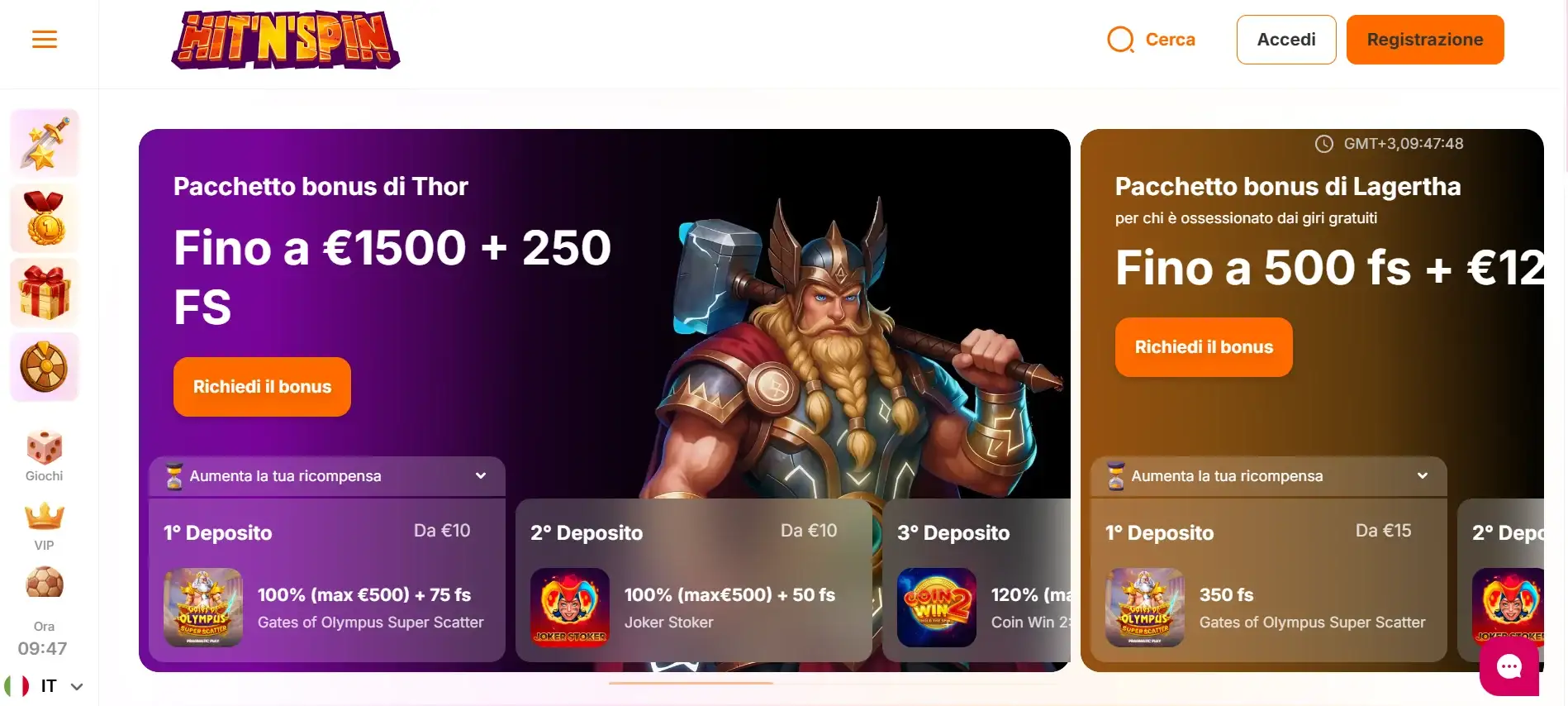 Hit'n'Spin Casino interfaccia e bonus di benvenuto