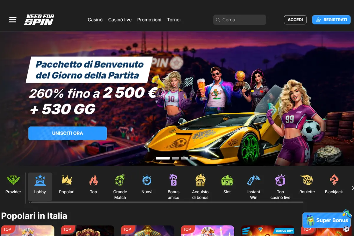 Need for Spin Casino interfaccia e bonus di benvenuto
