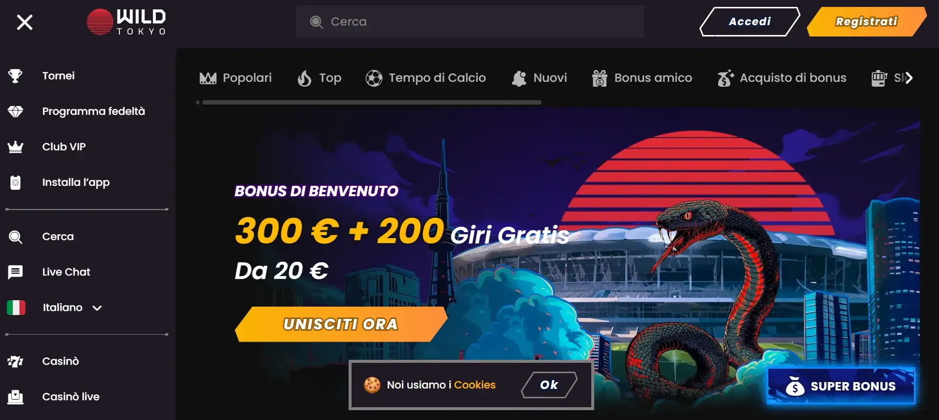 Wild Tokyo Casino interfaccia e sezione live